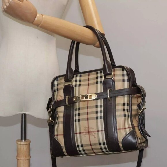 BURBERRY Nova Check Hand Bag PVC Leather 2way Beige Auth 105764 - Picture 12 of 15